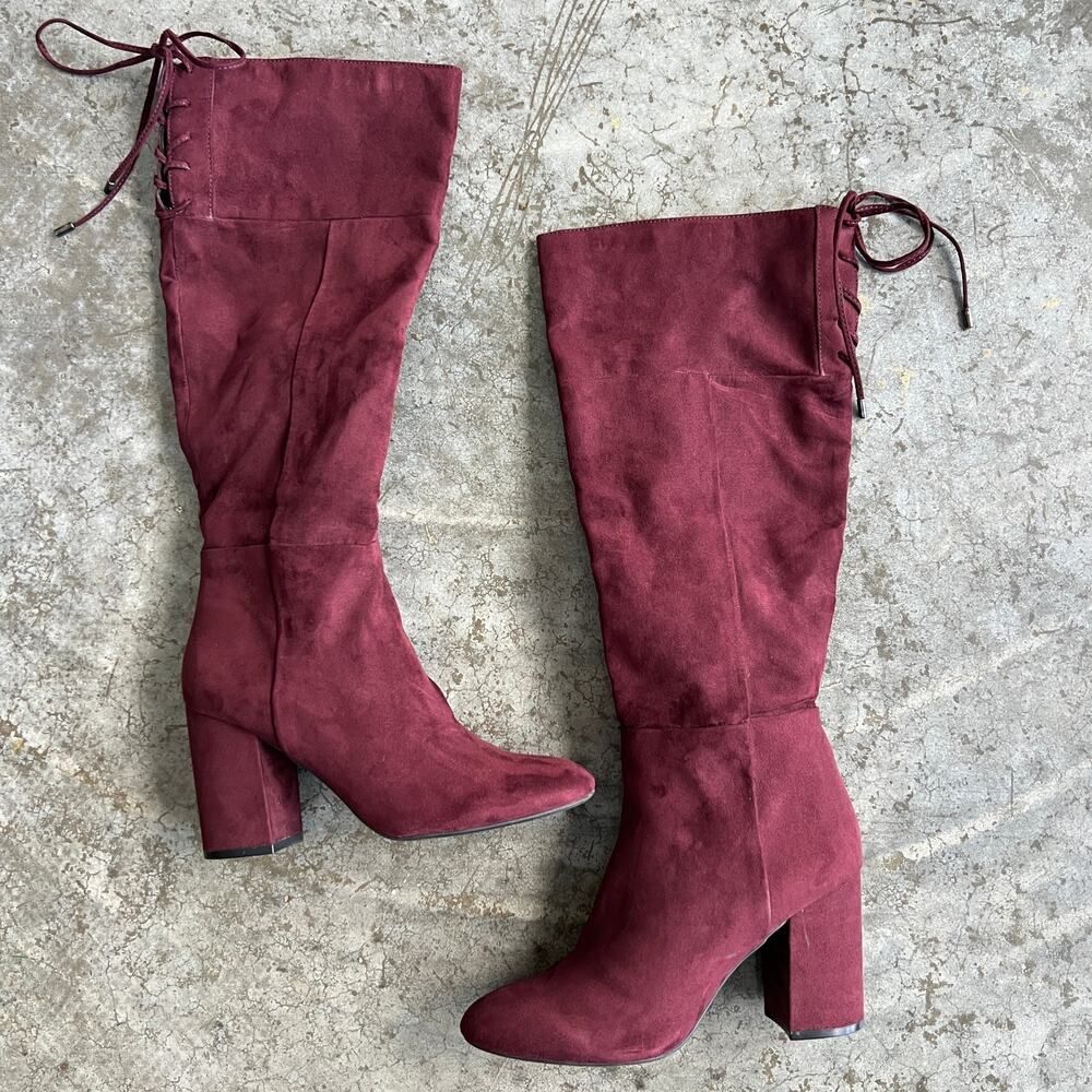 Kenneth Cole Reaction Burgundy Suede Tall Lace-Up Knee High Boots Women's 7.5